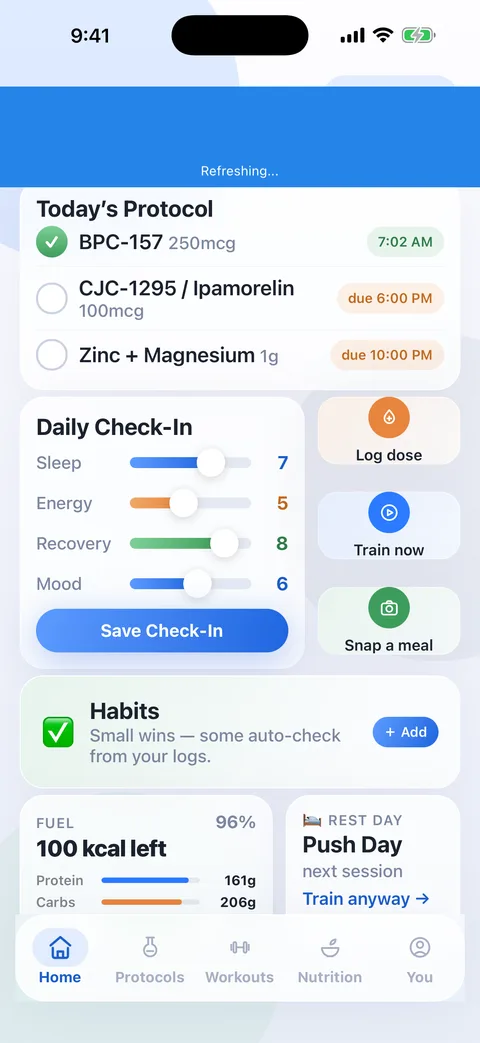 Olanu Home — today's protocol, check-in and macros